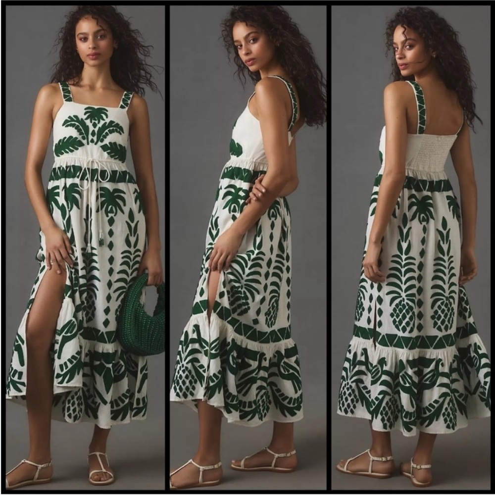Farm Rio for Anthropologie Sleeveless Leaf Embroidered Patchwork Midi Dress - Picture 2 of 15